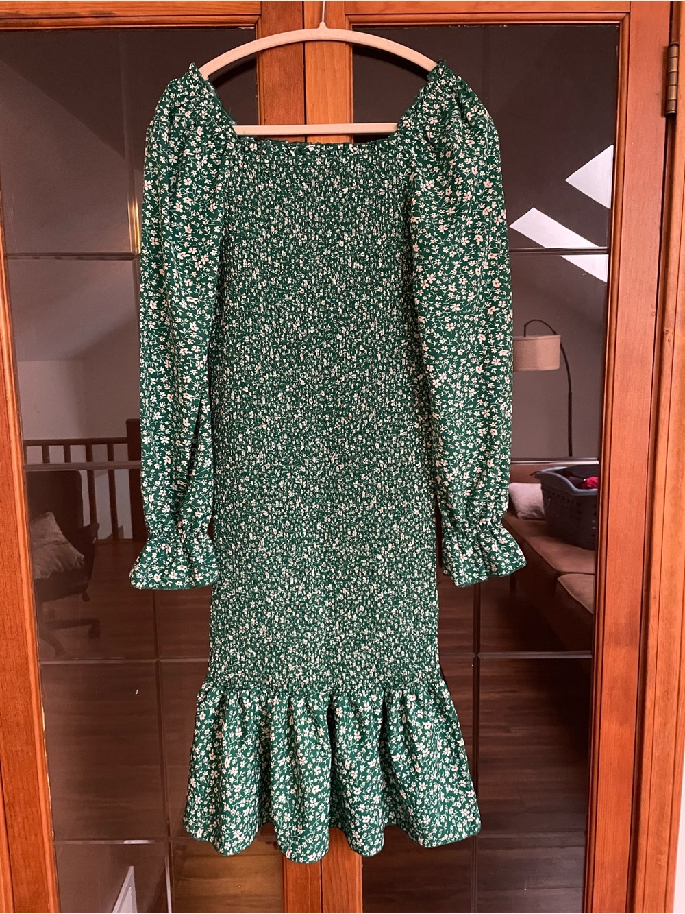 Green Floral Smocked Midi Dress with Ruffle Hem - Maternity Dress